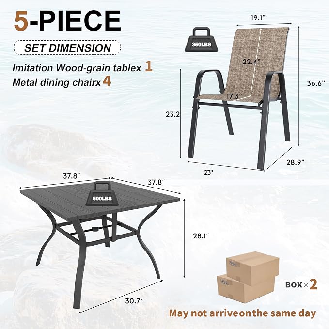 Outdoor Dining Set for 4, Patio Metal Table and Chairs Set with 1.97'' Umbrella Hole, 5pcs Patio Furniture Set 37.8”x37.8” Dining Table Set with Stackable Chairs for Backyard Pool Deck