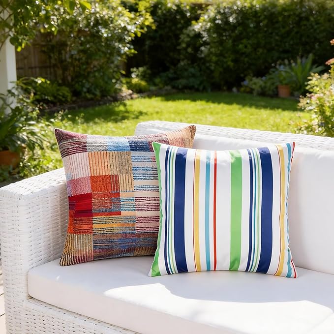 Adabana Blue Outdoor Waterproof Throw Pillow Covers 18x18, Decorative Striped Pillows Cover Set of 2 for Patio Garden Porch, Green
