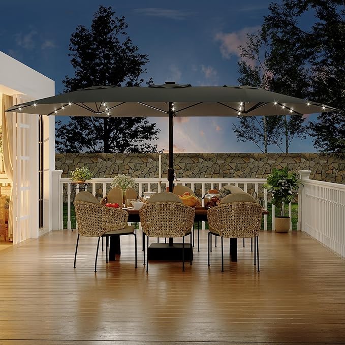 15FT Extra Large Double-Sided Patio Umbrella with Solar LED Lights – Heavy-Duty Rectangular Outdoor Market Umbrella, Fade-Resistant UV Canopy, Included Base for Backyard, Pool, Deck, Garden – Beige/Mist Blue