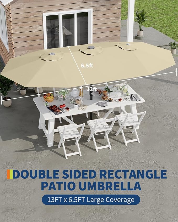 GarveeLife 13 ft large patio umbrella, Double-Sided outdoor umbrellas with Fade Resistant Canopy for Deck Pool Garden Backyard (Beige, 13 ft)