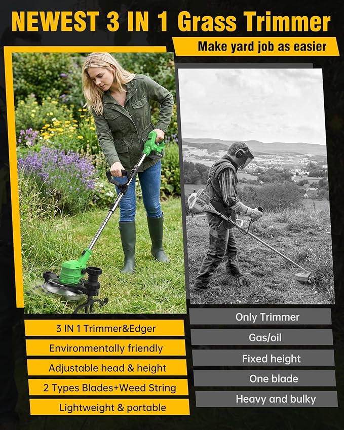 Cordless Weed Wacker Battery Powered, 21V Electric Weed Eater & String Trimmer - 3-in-1 Foldable Grass Cutter Edger with 2.0Ah Battery and Charger for Lawn Garden Yard Maintenance