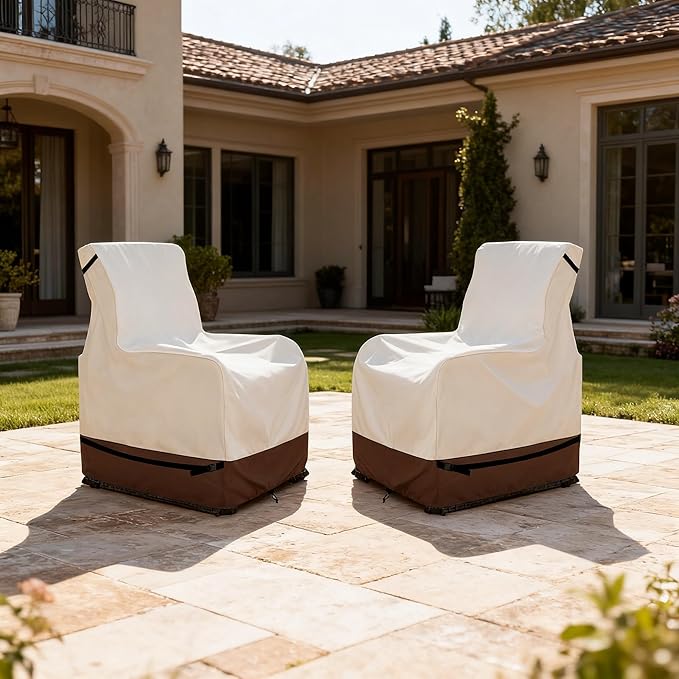 Outdoor Recliner Chair Covers,Patio Swivel Chair Covers,600D Heavy Duty Waterproof Patio Rocking Chairs Cover,Outdoor Furniture Covers for All Weather Protection.Beige & Brown