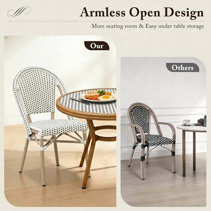 PURPLE LEAF 3-Piece French Bistro Dining Set Round Outdoor Patio Table and 2 Armless Chairs Tempered Glass Top PE Rattan Champagne Print Finish Aluminum Frame White