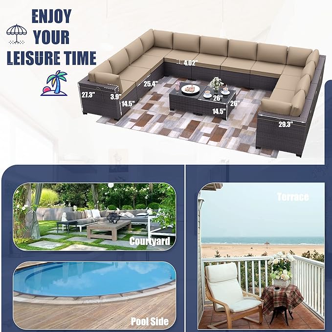 Patio Furniture Set 14-Piece Outdoor Furniture for Backyard Wicker Sectional Sofa Set, PE Rattan Patio Conversation Set 12 Seat with 4 Inch Thickened Cushions and Glass Coffee Tables, Sand