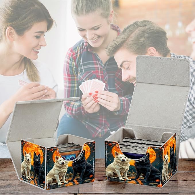 Card Deck Box for MTG, Cards Storage Box Fits 120+ Sleeved, Leather Small Size Strong Magnetic Closing Card Case for Board Games Magic TCG CCG Baseball Collection, Black White Wolf