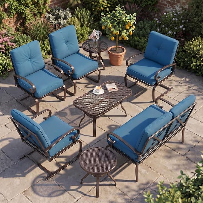 8 Pcs (6 Seats) Metal Outdoor Patio Furniture Conversation Sets, 4 Spring Chair, Loveseat and 3 Coffee Table, with Cushions (Peacock Blue)