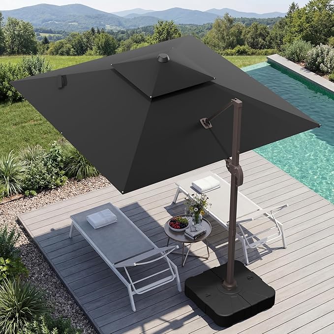 GENTEACO 10X10 FT Cantilever Umbrella with Base Included, Large Offset Patio Umbrella with Double Top, 6 Angle Tilts & 360° Rotation, Large Square Sun Umbrellas for Outdoor Pool Market, Black