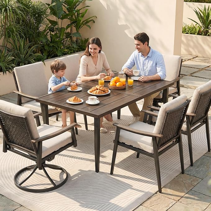 NATURAL EXPRESSIONS 7 Piece Patio Dining Table Outdoor Furniture Set for 6,4Pcs Fixed and 2Pcs Rattan Wicker Swivel Patio Dining Chair with Woodgrain Armrest, 65" Large Dining Table with Umbrella Hole