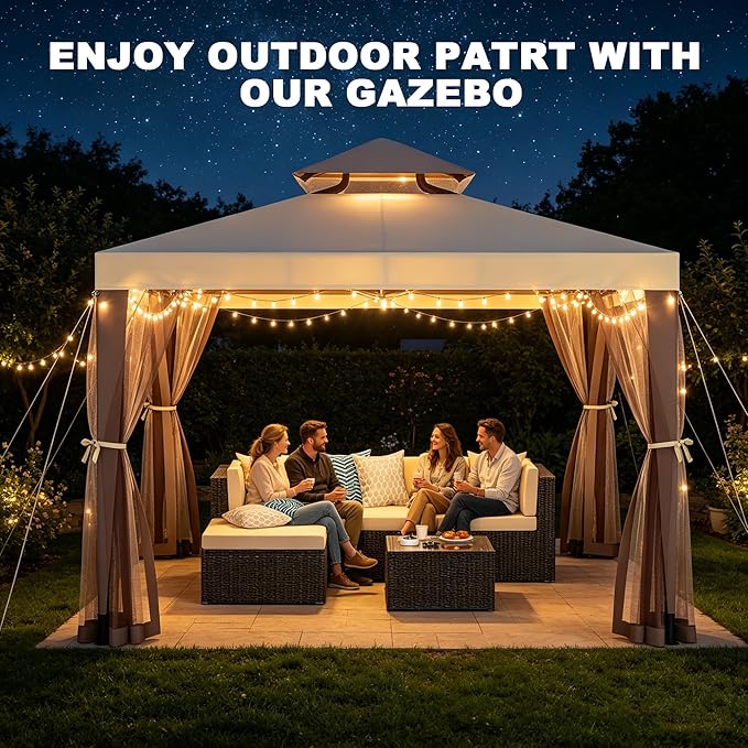 Outdoor Gazebo for Patio, 10×10 Canopy Tent with Mosquito Nettings & Double Roofs, Easy Setup Canopy Shelter for Party, Patio Gazebo for Lawn, Backyard, Garden (Beige, 10'x10')
