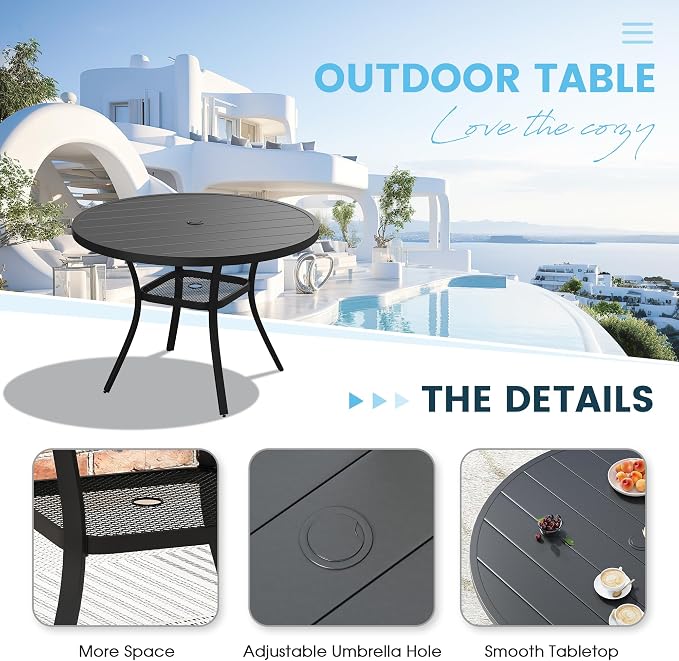5 Pieces Patio Furniture Dining Set, 4 Textilene Swivel Dining Chairs, 41" Outdoor Round Metal Table with Storage Shelf and 1.57" Umbrella Hole, Outdoor Dining Set for Porch, Lawn, Black/Black