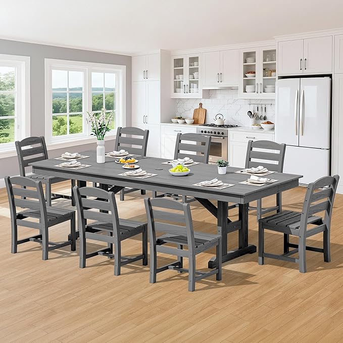 SERWALL 9 Piece Outdoor Dining Set, 84" HDPE Outdoor Table and Armless Chairs Set for 8,All Weather Patio Furniture Set with Umbrella Hole for Backyard, Garden, Gray