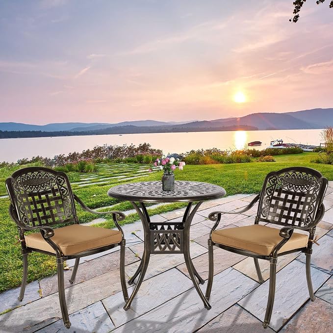 3-Piece Outdoor Patio Dining Set, All-Weather Cast Aluminum Patio Furniture Set for Backyard Garden Deck with 2 Cushioned Chairs and 31” Round Table, 2" Umbrella Hole