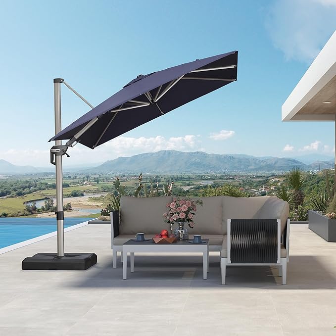 PURPLE LEAF 8' X 8' Left-right Tilting Patio Umbrella Outdoor Swivel Cantilever Umbrella Aluminum Offset Umbrella with Champagne Frame and 360-degree Rotation for Garden Deck Pool, Navy Blue