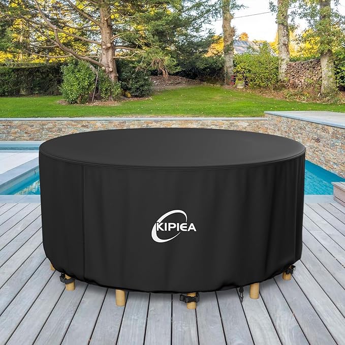 Kipiea Round Patio Table cover Waterproof, Heavy-Duty Round Patio Furniture Covers, No Tears Anti UV No Fading (96" Dia x 36" H)