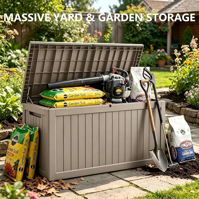 200 Gallon Resin Outdoor Storage Box for Garden Tools, Pool Supplies & Outdoor Patio Cushions β UV-Resistant, Waterproof, Durable Material β Lockable (Brown)