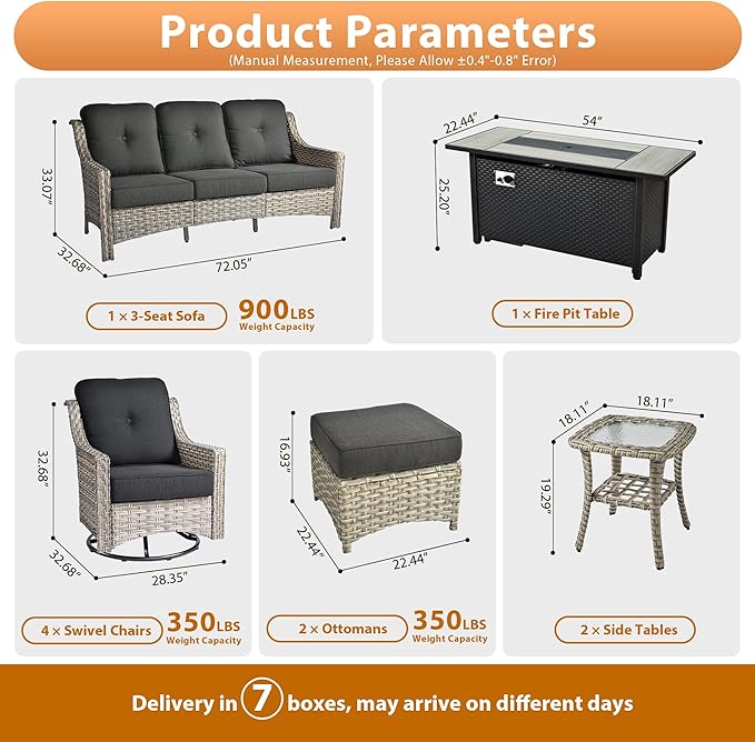10 PCS Outdoor Patio Furniture Sets, Patio Conversation Sets Outside Rattan Soft Cushion Sofa with 4 Wicker Rocking Chairs & 54 in Fire Pit Table Fit Backyard Porch Garden Poolside Balcony,Black