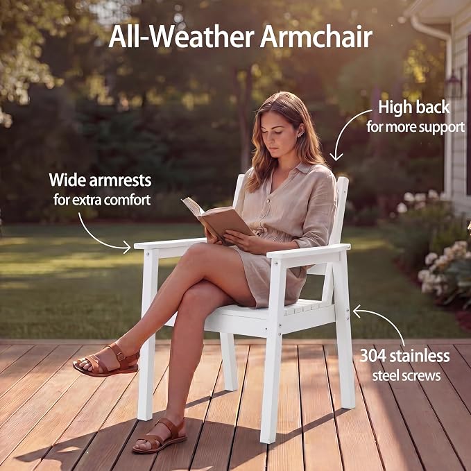 10-Piece Outdoor Dining Set, All-Weather HDPE Patio Furniture, Two 66.5" Slatted Table with 1.6" Umbrella Hole & 8 Ergonomic Armchairs, Heavy Duty 350lbs Capacity, UV Resistant, White
