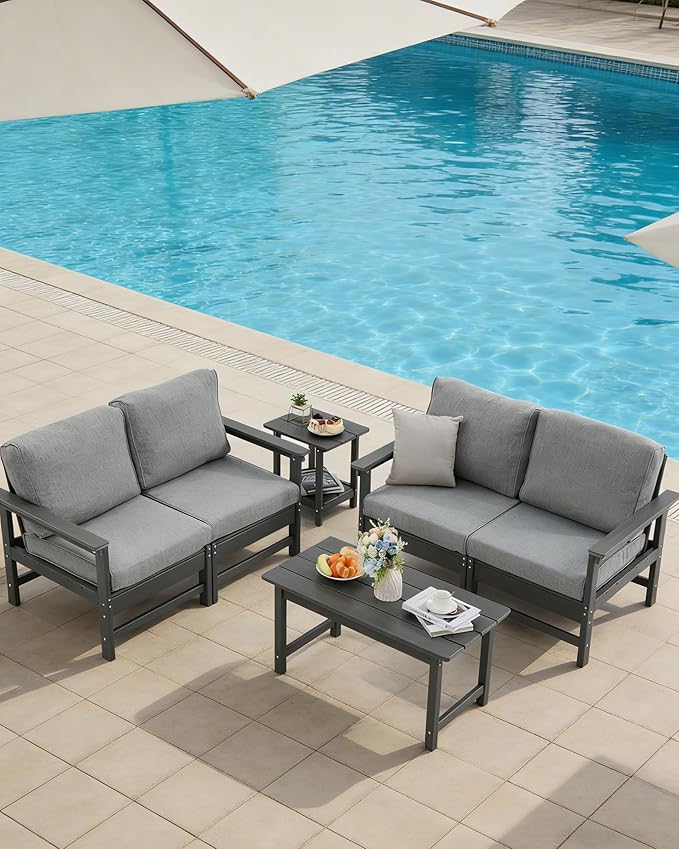 HDPE Outdoor Patio Furniture Set with Cushions, 6 Piece Patio Conversation Set Sofa Set,All Weather Outdoor Couch Set with Coffee Table for Lawn, Garden, Deck