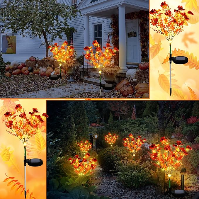 Glooglitter 2 Pack Solar Stake Lights Outdoor Decor Waterproof Mums Artificial Flowers Solar Lights for Outdoor Garden Yard Pathway Decor (Orange,Violet)