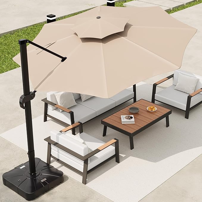 10x10 ft Round Outdoor Umbrella, Cantilever Patio Umbrella with 360° Rotation & Adjustable Height, Heavy Duty Aluminum Umbrella Outdoor Patio for Garden Poolside,Khaki (Base Not Included)