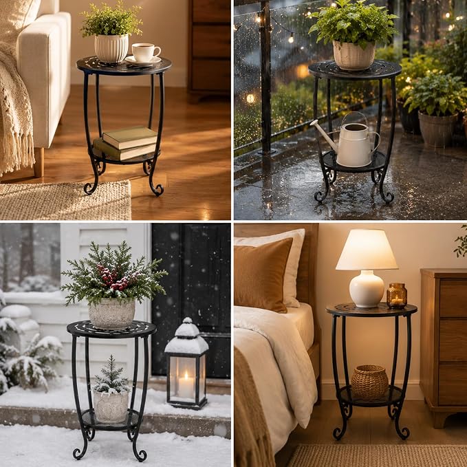 2-Tier Metal Round Side Table Black Accent Coffee Tables Small Space Corner Plant Stand Shelf for Indoor Outdoor Porch Patio Balcony Living Room End Table with Storage, Rust-Proof