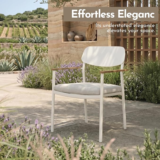 Modern Shade Lusso Outdoor Dining Chairs Set of 2, Fade Resistant, All-Aluminum Outdoor Chairs with FSC Teak Wood Armrests, Weather-Resistant Patio Chair with Quick Dry Cushion, White