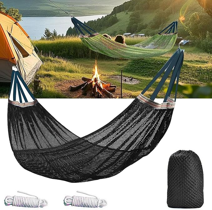 Camping Hammock Nylon Mesh Portable Hanging Bed Outdoor Hammock for Adults 440lbs Capacity, Anti-Roll Breathable Hammocks for Hiking Travel Beach Garden Backpacking(Black)