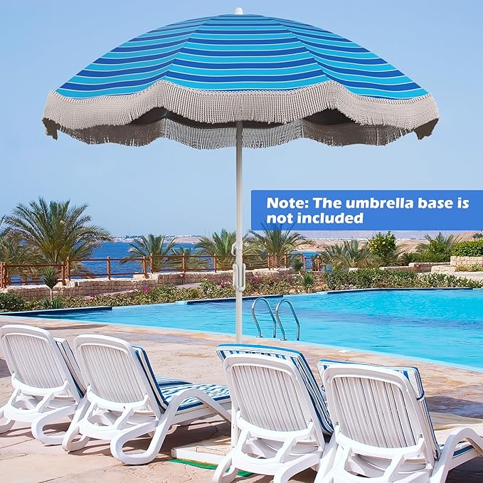 6.5 FT Outdoor Fringe Umbrella, UV 50+ Protection Boho Umbrella with Sand Anchor, Tilt Sun Shelter& 8 Ribs, Portable Beach Umbrella with Carry Bag, Vintage Patio Umbrella for Deck Poolside