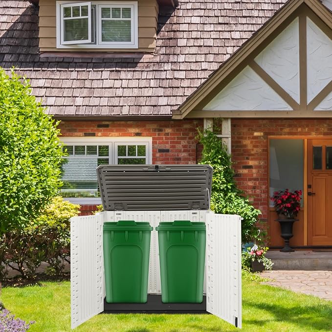 VINGLI Outdoor Horizontal Storage Shed Waterproof with 34 Cubic Feet Storage Space, 50” x 29” x 41” Patio Storage Cabinets for Garbage Cans, Bike, Tools, Deck Box for Yard, Porch, Garden, White