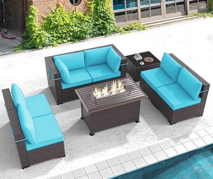 Outdoor Patio Furniture Set with Gas Fire Pit Table, 8 Pieces Outdoor Furniture Set Patio Sectional Sofa w/43in Propane Fire Pit, PE Wicker Rattan Patio Conversation Sets - Teal.