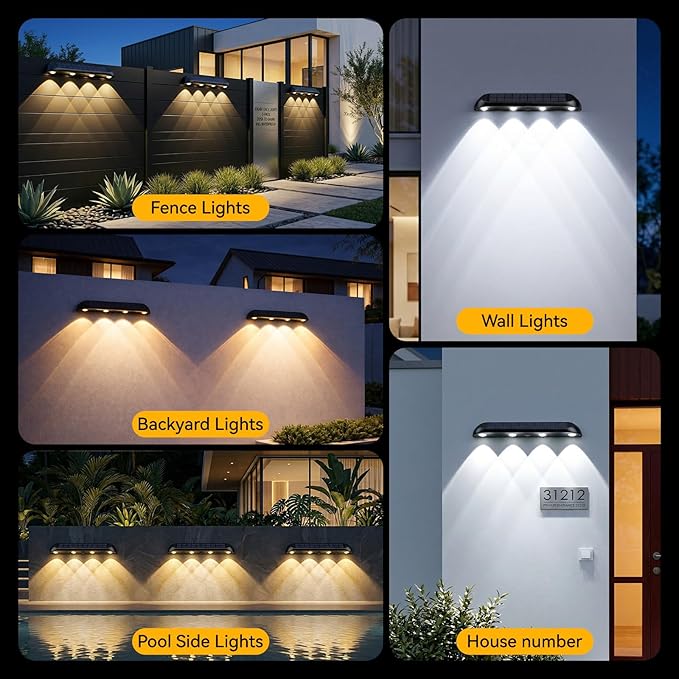 11.81inch Solar Fence Lights Outdoor Waterproof, 3-Mode (3000K/4000K/6000K),4 LED with Upgraded High-Efficiency Solar Panel & Wide Beam for Backyard/Patio/Deck/Step/Home Improvement(4 Pack)