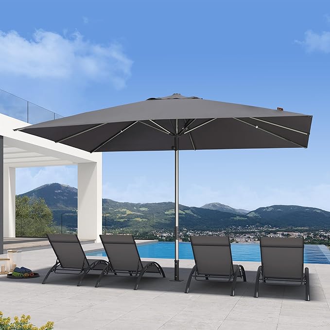 PURPLE LEAF Commercial Grade 10 x 13 FT Heavy Duty Rectangle Market Umbrella Semi Auto Open All Weather Wind Resistant Reinforced Aluminum Frame Outdoor Patio Umbrella for Restaurant Hotel Resort Cafe Poolside Business Use Grey