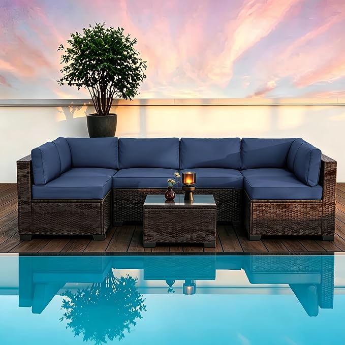 SHGJ&SOFT 7 Piece Outdoor Patio Furniture Set, All-Weather Rattan Wicker Modular Sectional Sofa Conversation Set with Water-Resistant Cushions & Tempered Glass Table for Backyard Poolside (Blue, 7pcs)