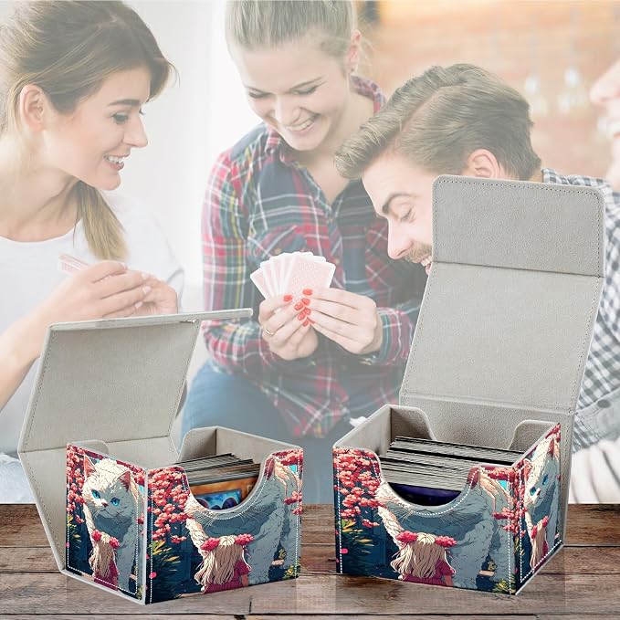 Card Deck Box for MTG, Cards Storage Box Fits 120+ Sleeved, Leather Small Size Strong Magnetic Closing Card Case for Board Games Magic TCG CCG Baseball Collection, Big Cat Girl