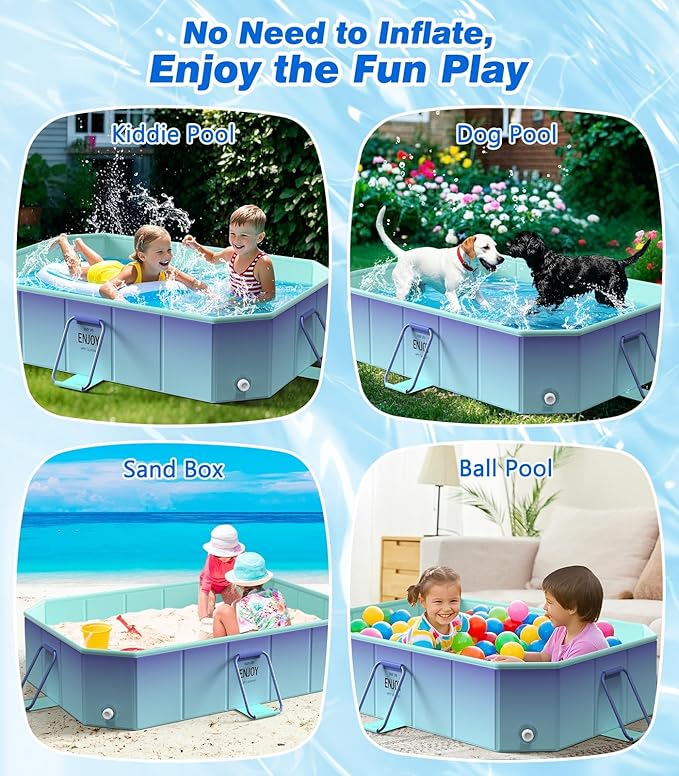 MoKo Foldable Pool, Portable Above Ground Non-Inflatable Swimming Pool for Adults & Kids, Outdoor Portable Kiddie Pools for Garden Backyard Dogs, 59" x 45" x 17", Glacial Blue