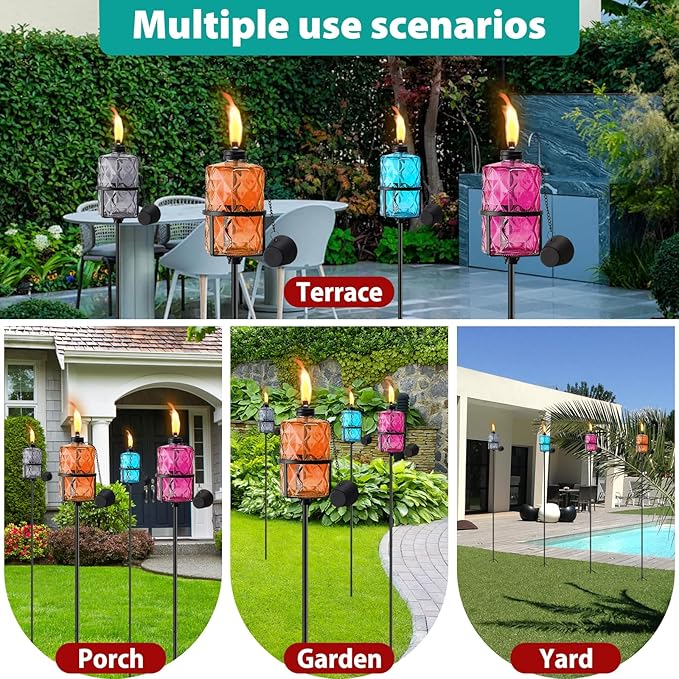 4 Pack Colorful Glass Garden Torch,60-Inch Outdoor Torch Garden Décor, Upgraded 12 oz Citronella Torches with 3-Prong Grounded Stake,Metal Light Torches for Party Patio Pathway
