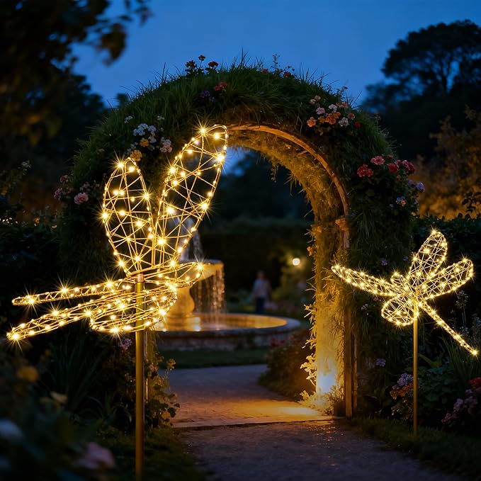 Flacchi Solar Garden Lights Outdoor Waterproof - Dragonfly Decor with 240LED, Solar Powered Iron Easy to Install for Pathway Garden Decorations Patio Decor Yard Decoration