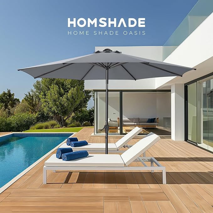 HOMSHADE 9ft Outdoor Patio Umbrella - UPF50+ UV Protection Market Patio Table Umbrella with Push Button Tilt, Crank and 8 Sturdy Ribs for Pool Deck and Garden (Grey, No base)