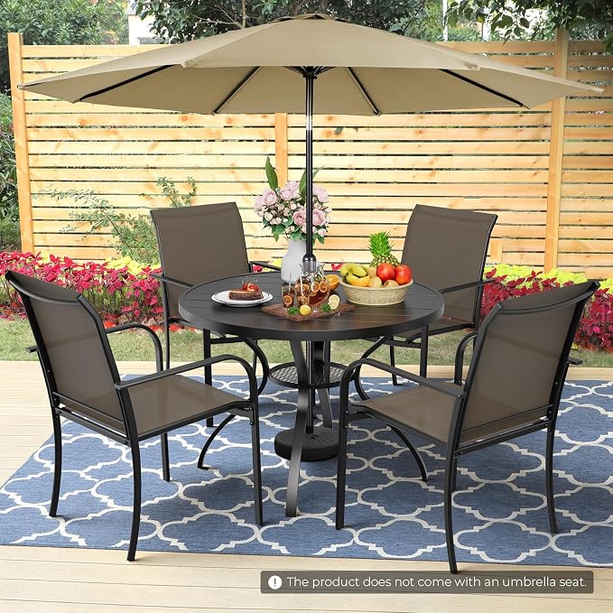 Incbruce 6 PCS Patio Dining Set with Brown Umbrella, Outdoor Dining Set of 4 Textilene Chairs and 41" Round Table with Umbrella Hole for Backyard, Garden, and Poolside (Brown)