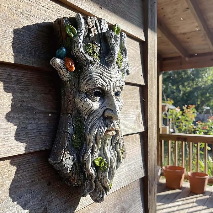 10" Whimsical Tree Face Sculpture, Garden Peeker Statue, Outdoor Trunk Tree Huggers Art, Landscape Accent Ornament, Hanging Fairy Elve Figurine for Yard Art, Trees Decor Wall Mounted Statues