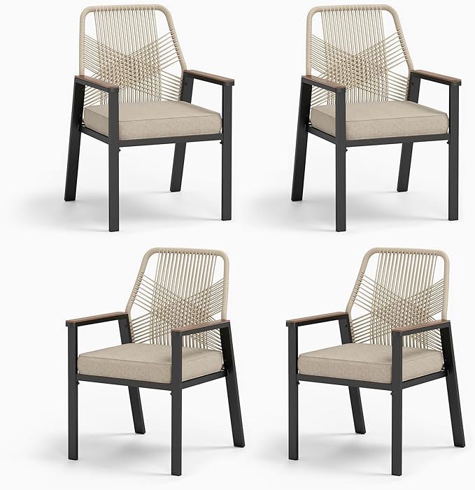 MIXPATIO Patio Wicker Chair Sets of 4, Outdoor Dining Chairs with 3.1 inch Seat Cushions, Sturdy Metal Frame & Wood Grain Armrest, Patio Dining Chairs for Porch Backyard, Beige