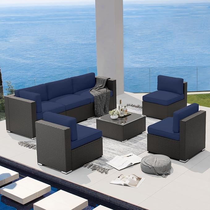Betterland 7 Piece Outdoor Sectional Sofa Patio Furniture Set, All-Weather PE Rattan Wicker Patio Conversation Set with Washable Cushion, Glass Table and Waterproof Cover(Dark Blue)