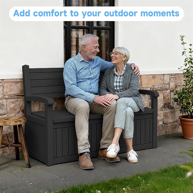 70 Gallon Outdoor Storage Bench, Waterproof and Lockable Outdoor Storage Box, Durable Resin Deck Box for Patio, Backyard, Garden, Porch(Black)