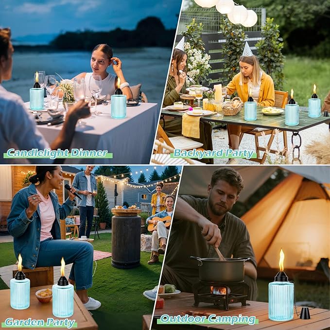 12oz Glass Table Torches 4 Pack, Citronella Refillable Tabletop Torch for Outside with Wick and Snuffer Cap, Outdoor Flame Lanterns for Garden Yard Patio Party Decor (Blue)