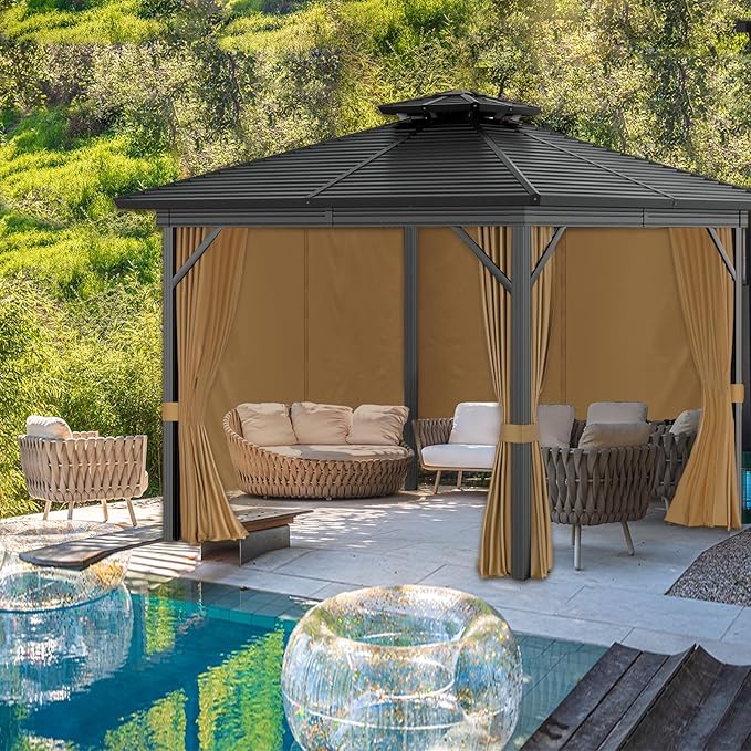 10'x12' Privacy Gazebo Curtains Outdoor Waterproof, 4-Panels Sidewall Curtains Universal Replacement with Zipper for Patio, Backyard, Garden (Only Curtains, Khaki)