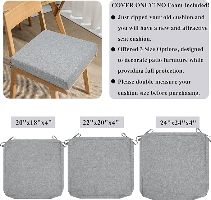 FUNHOME 2 Pack Outdoor Cushion Covers 24" x 22" x 4", No Insert! Chair Cushion Cover for Outdoor Furniture, Patio Chair Cushion Covers with Zipper and Tie, Replacement Cover Only(Light Grey)