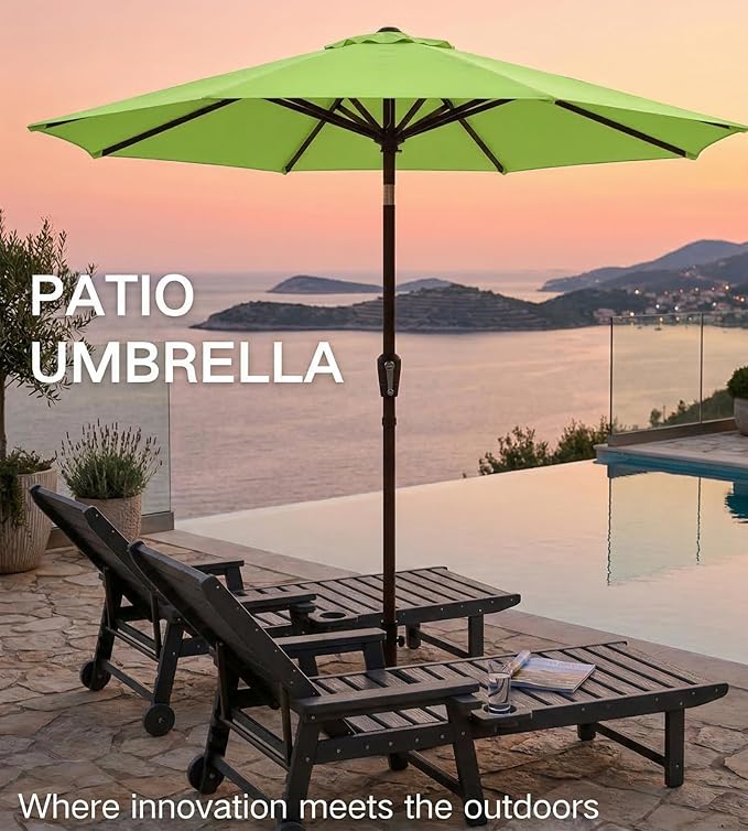 PatioKingdom 9FT Patio Outdoor Umbrella-UPF 50+ Sun Shade with Wind Vent, Push-Button Tilt & Smooth Crank Lift, Rust-Resistant Fiberglass Frame for Garden, Backyard,Yard (Apple Green)