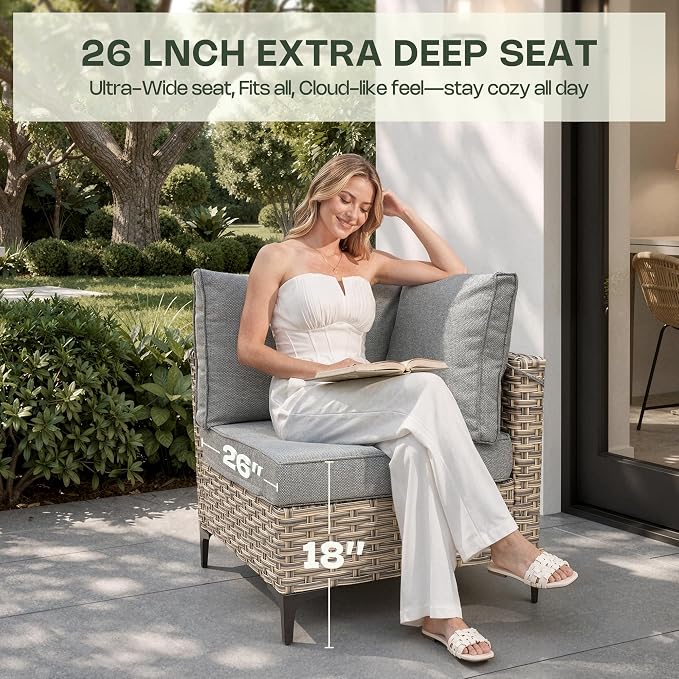 10 Pieces Patio Furniture Set, Outdoor Conversation Set with 360° Swivel Rocker Chairs, Wicker Sectional Sofa & Solar Coffee Table, High Back Outdoor Furniture L Shaped Couch for Porch Deck, Dark Gray