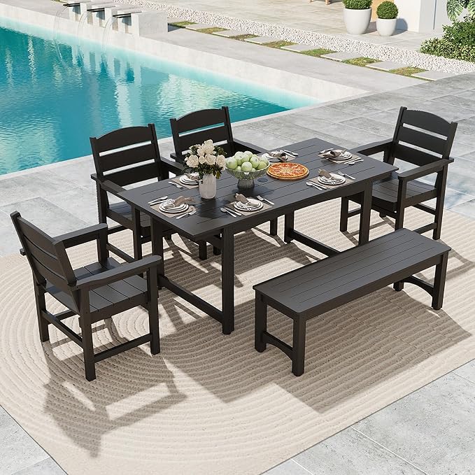 6 Piece Patio Dining Set,Patio Furniture Set for 6,Outdoor Table and Chairs with Umbrella Hole,All-Weather 67” Rectangular Dining Table with Non-Slip Mat for Garden,Poolside,Backyard,Black