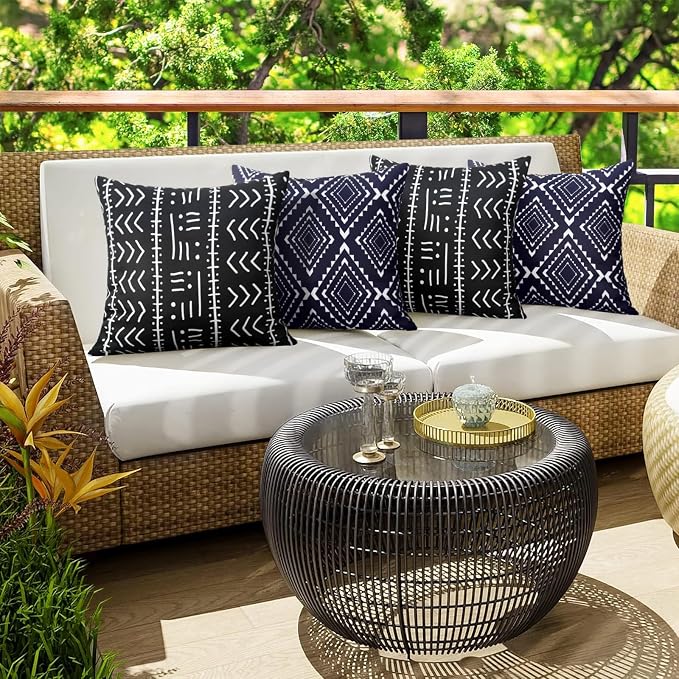 Merrycolor Set of 2 Outdoor Waterproof Throw Pillow Covers Black and White Pillow Covers Geometric Decorative Square Pillowcases Farmhouse Boho Outdoor Pillows for Patio Furniture 18x18 Inch